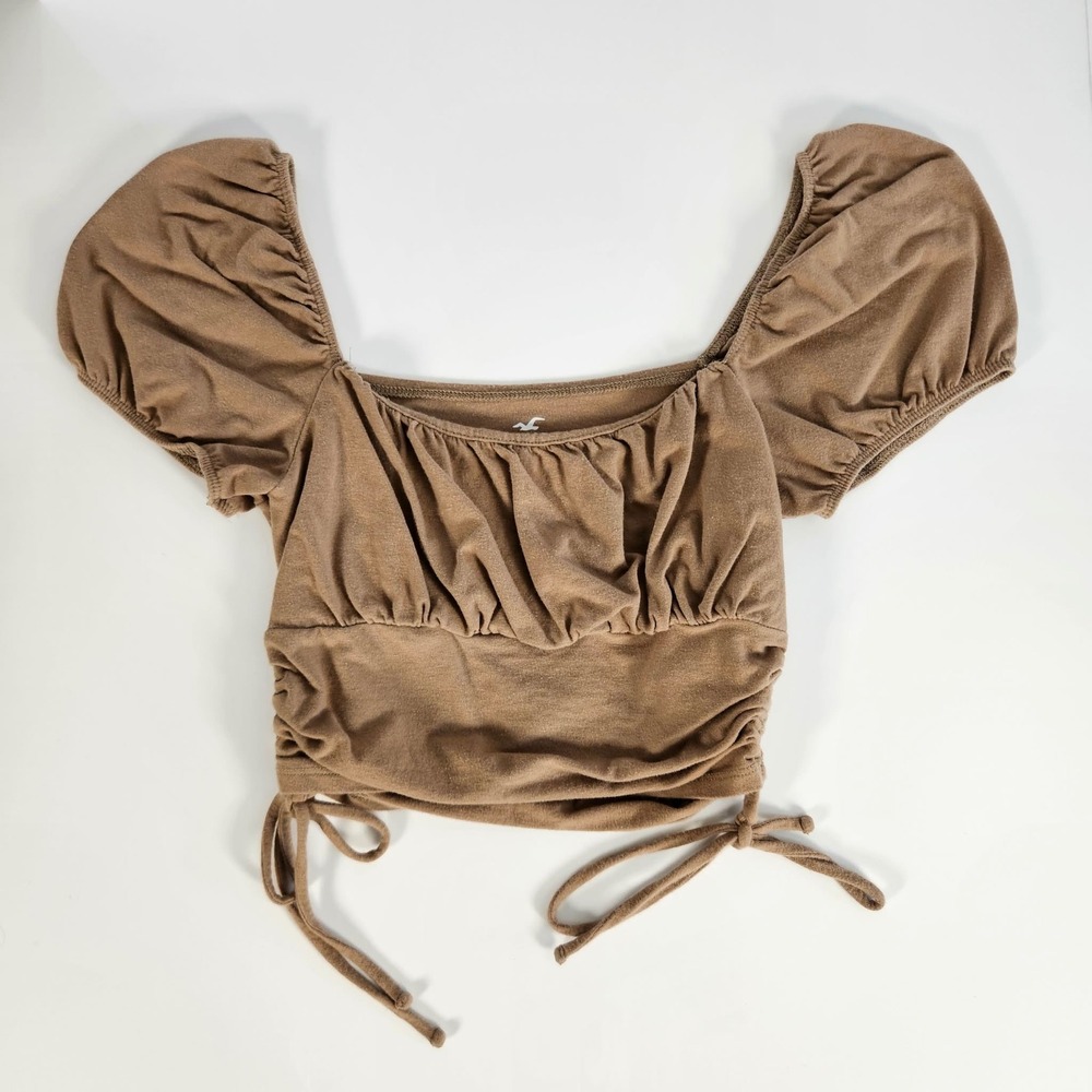 Hollister Must-Have Collection Tan Brown Cinched Puff Sleeve Crop Top Small